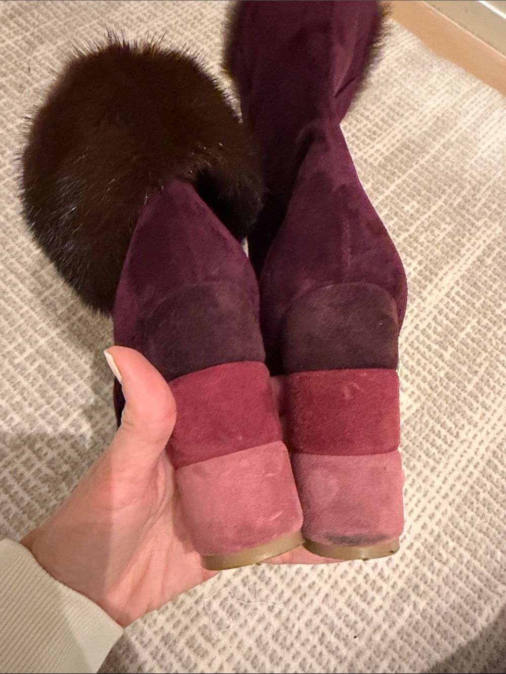 Salvatore Ferragamo Plum Suede Fur-Trim Block Heel Boots with Pink Accent - Picture 2 of 3